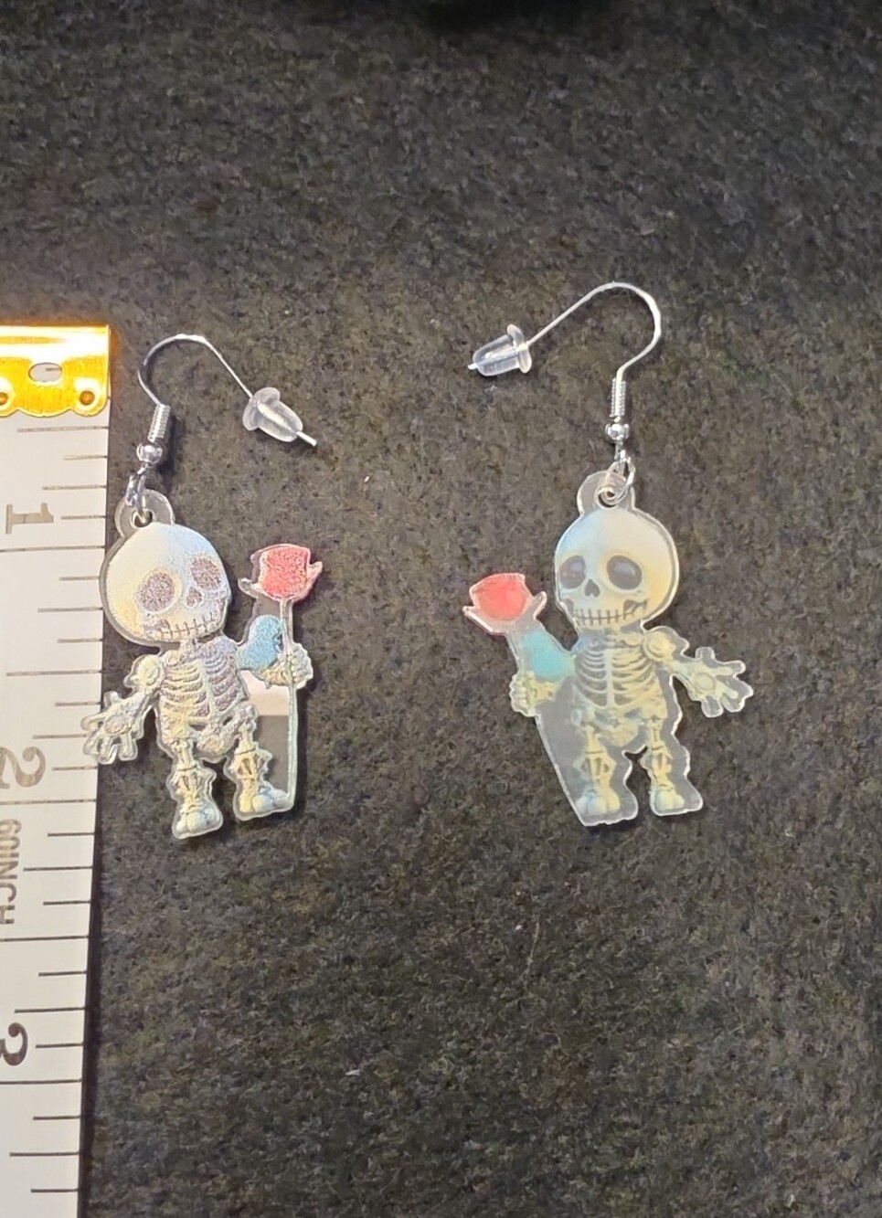 Cute Skeleton with Rose Dangle Earrings - Holographic Pink/Blue